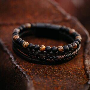 "celaya" black and brown stacked leather and bead bracelet